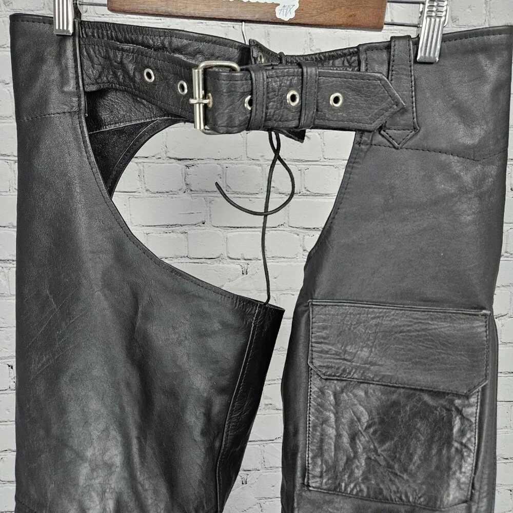 Interstate Leather Black Belted Zip Snap Motorcycle Gear Chaps Pants Size XL